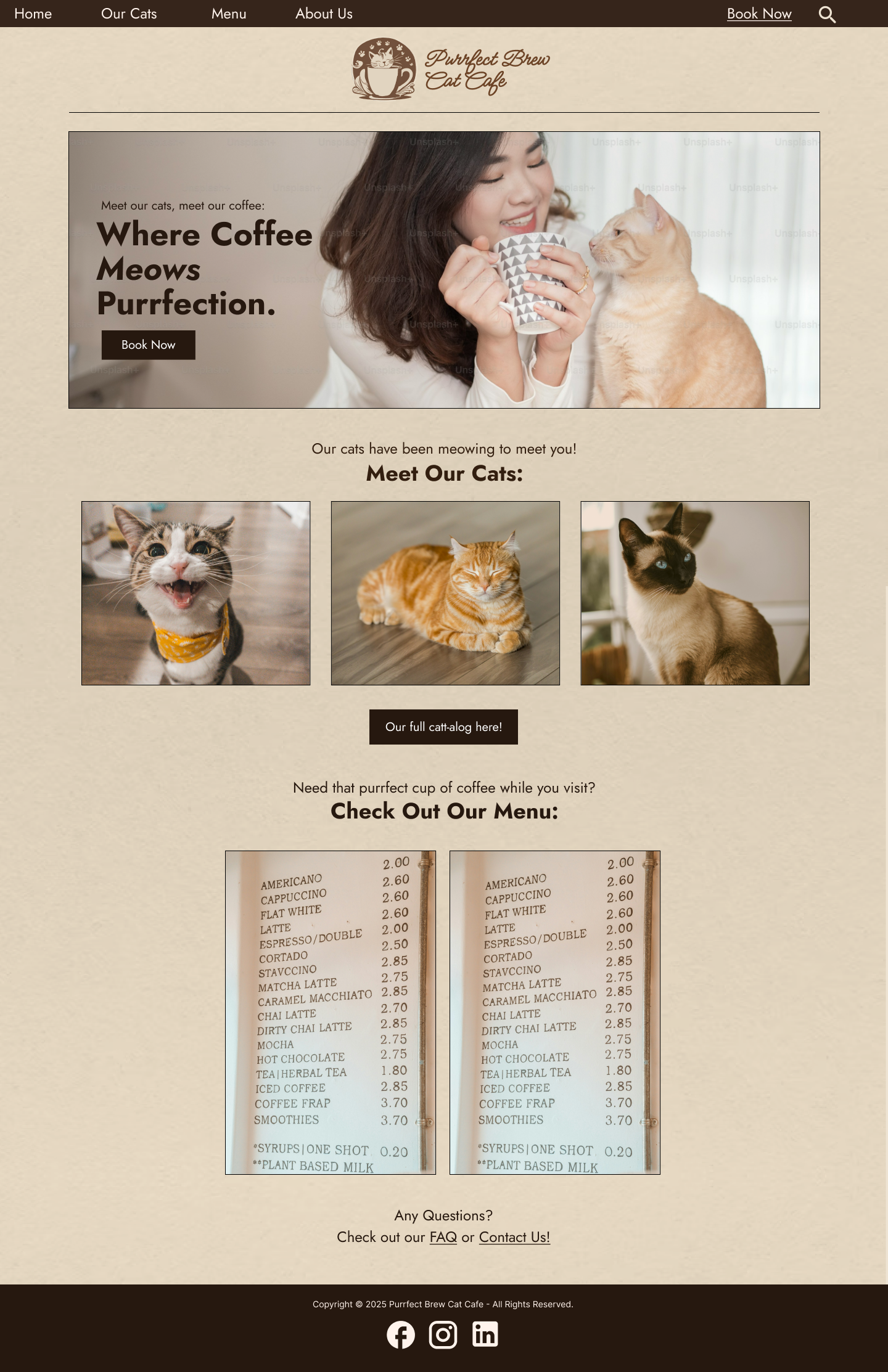 Beige homepage with lots of cats and coffee.
