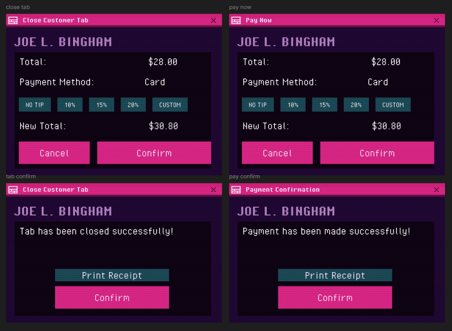 4 different confirmation popups that may appear on click of various functions such as payment confirmation; select yes or no.