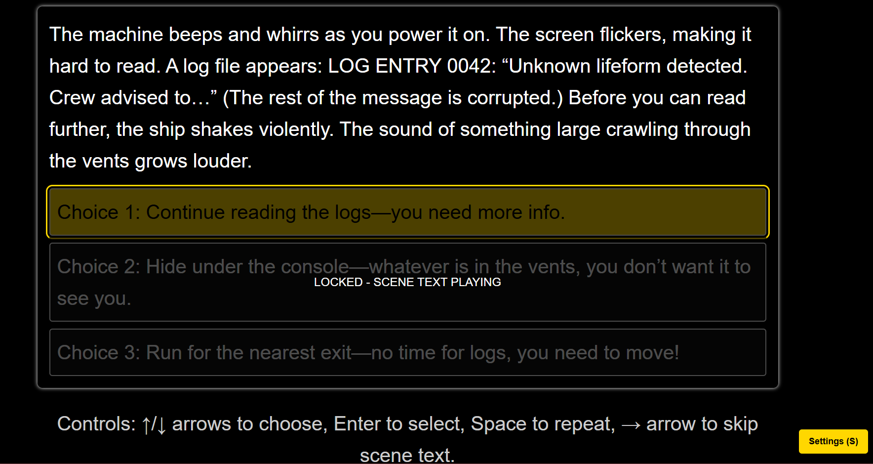 Scene text in a rectangular box with 4 dialogue choices below.